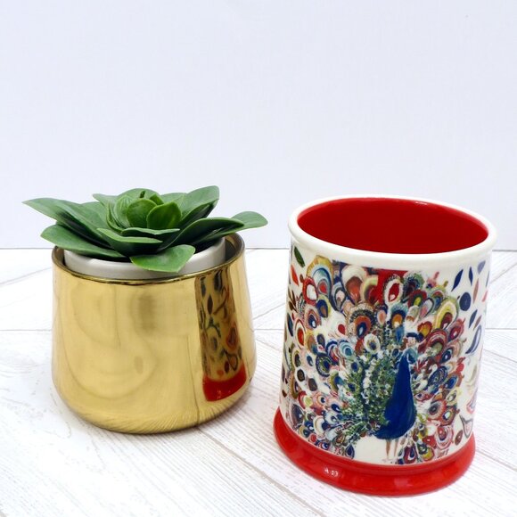 NEW! Anthropologie Mug STARLA HALFMANN Stoneware MOORELAND PEACOCK Red 12 oz - Picture 1 of 6